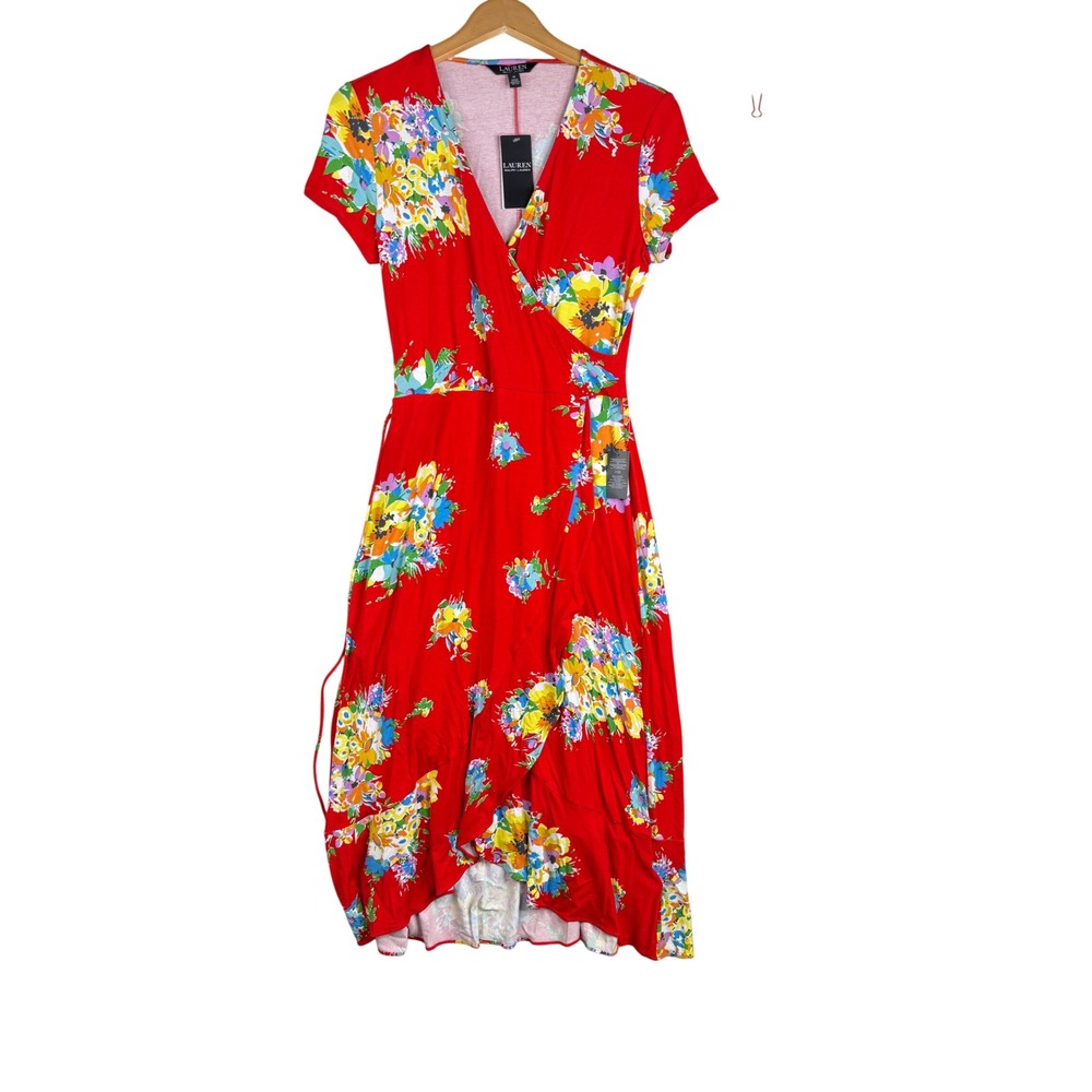NWT Lauren Ralph Lauren Floral Print Jersey Faux Wrap Dress size Medium Red